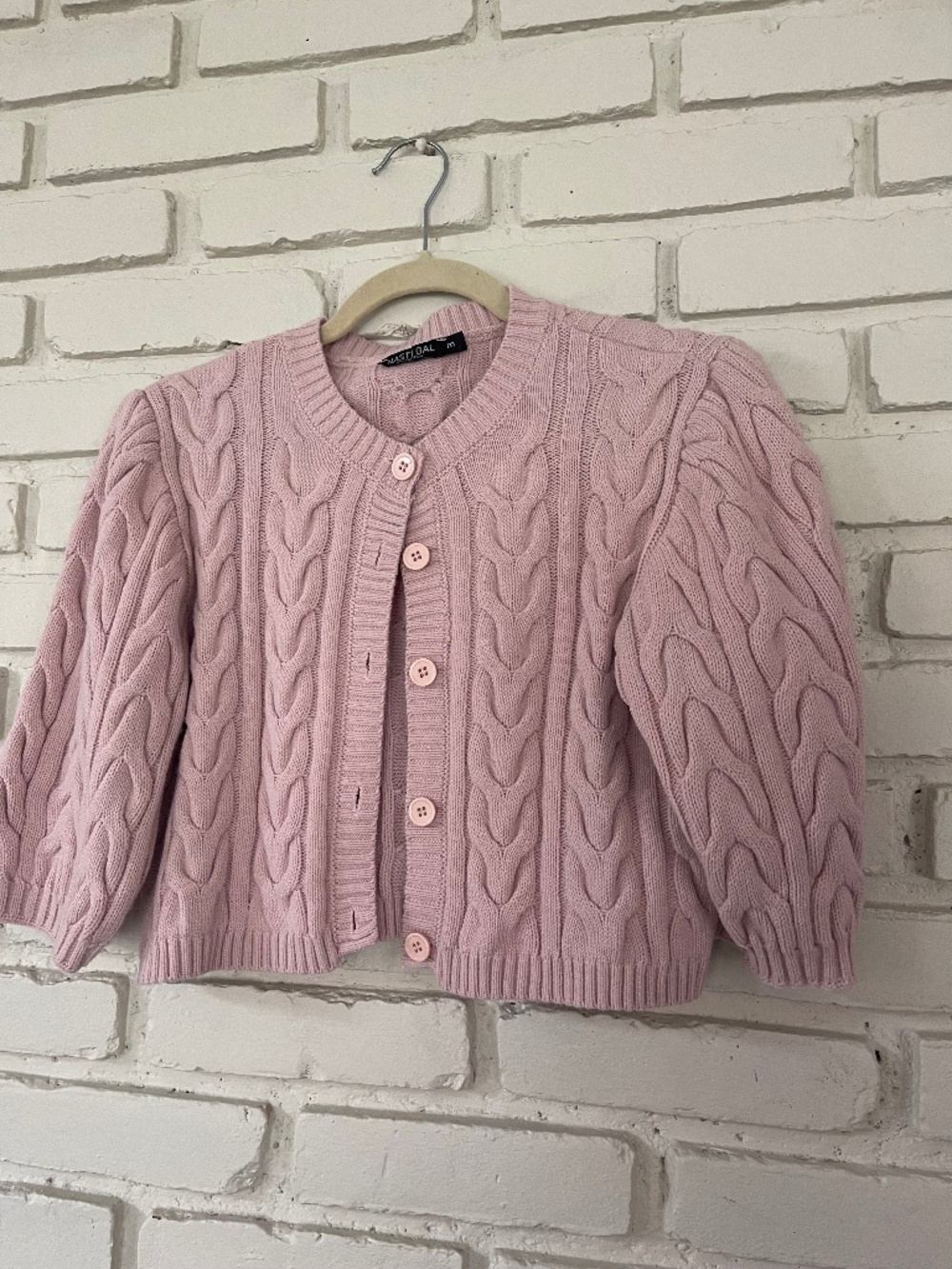 Spring Pink Knit Cropped Cardigan with puff sleeves